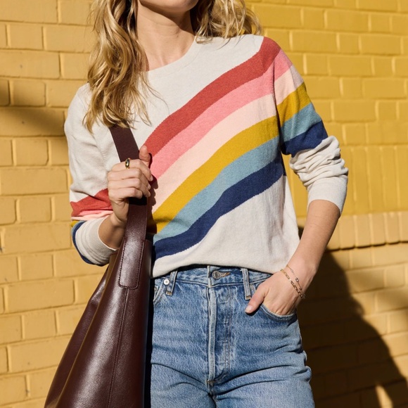 Marine Layer Sweaters - Marine Layer Oatmeal Rainbow Women's Sweater with Colorful Stripes Size XS